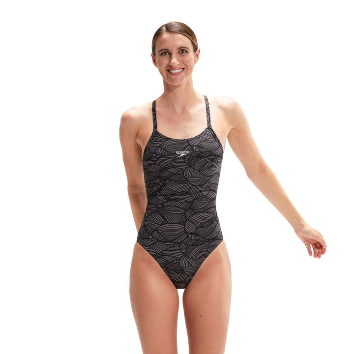 Speedo Womens Allover Print Fixed Crossback Swimsuit